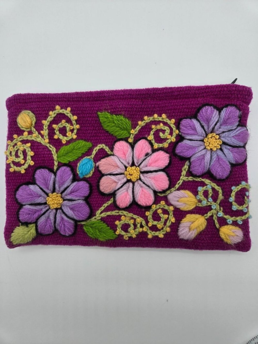 Fuchsia Wool Floral Makeup Pouch Embroidered Knit Clutch Cosmetic Bag